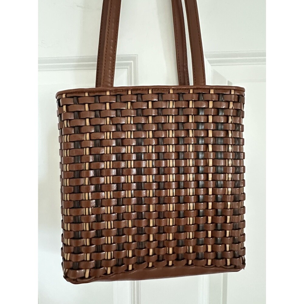 NINE WEST VTG Brown Leather & Multi Colors Braided Woven Purse Size 10x10x3 EUC